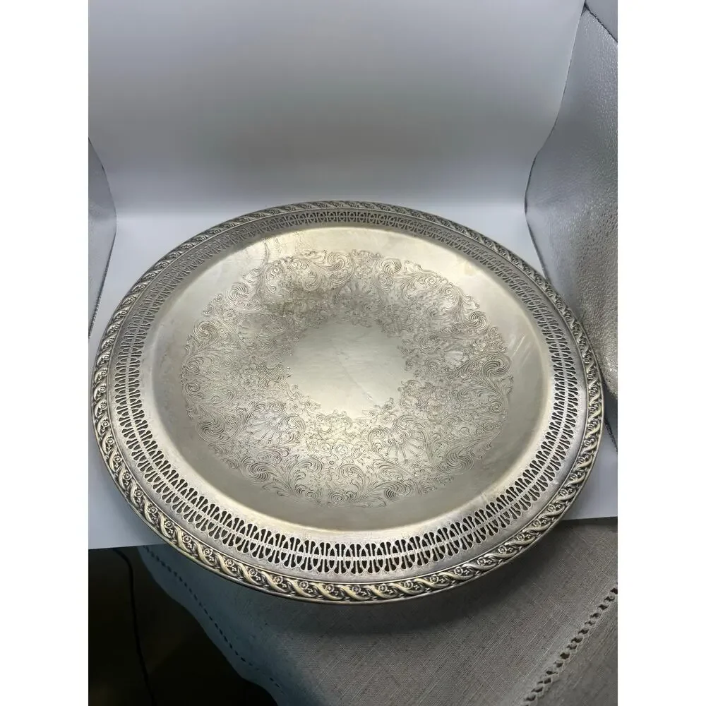 Vintage Wm Rogers & Son Silverplate Round Tray Spring Flower Pierced Rim